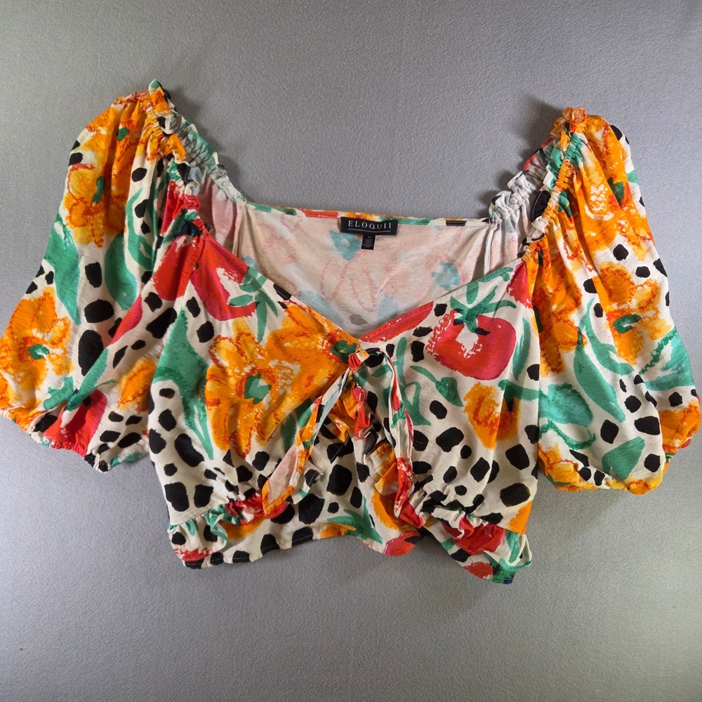 Eloquii Womens Plus Size 22 Floral Polka Dot Puff Sleeve Tie Front Crop Top Boho